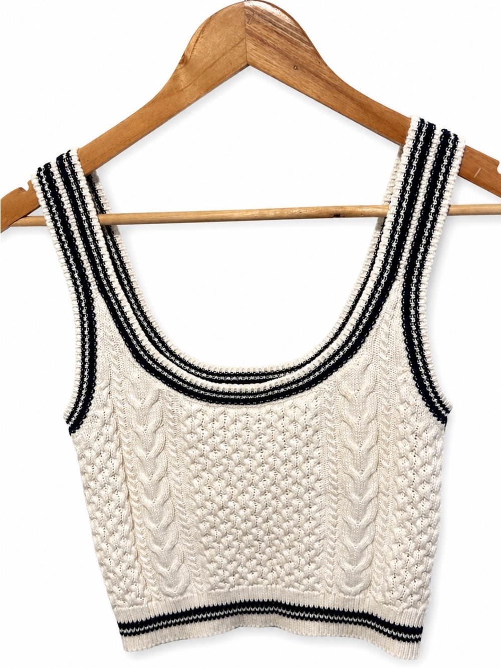 Elodie Cream Cable-Knit Tank with Black Trim